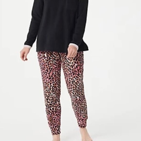 Cuddl Duds Pink Black Leopard Print Fleece Cozy Pajama Lounge Jogger Pants - Picture 1 of 8